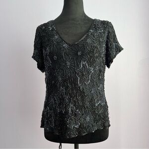 Paradise NY Floral Beaded Black Top